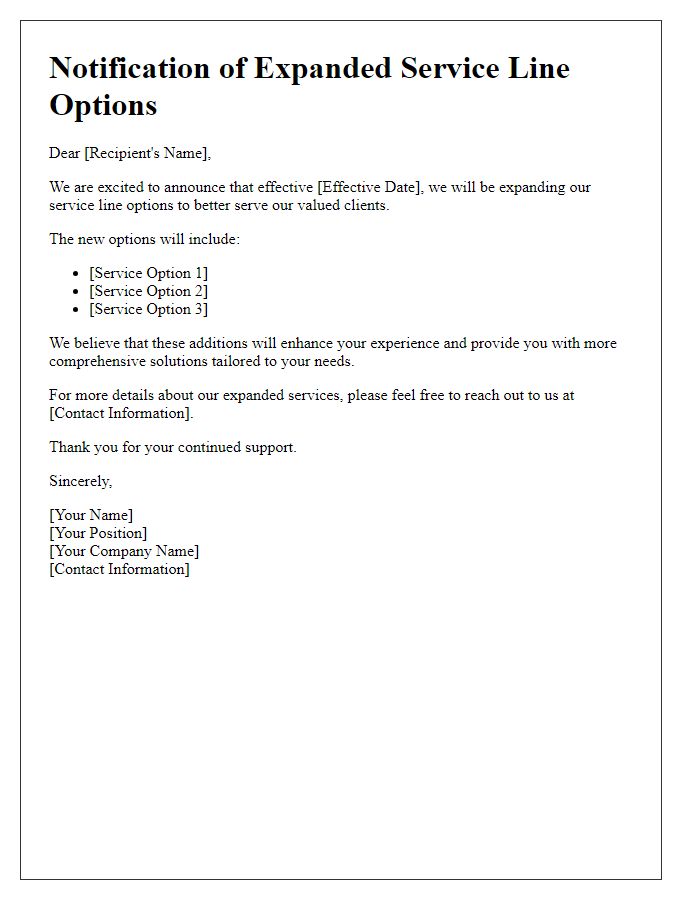 Letter template of notification for expanding service line options