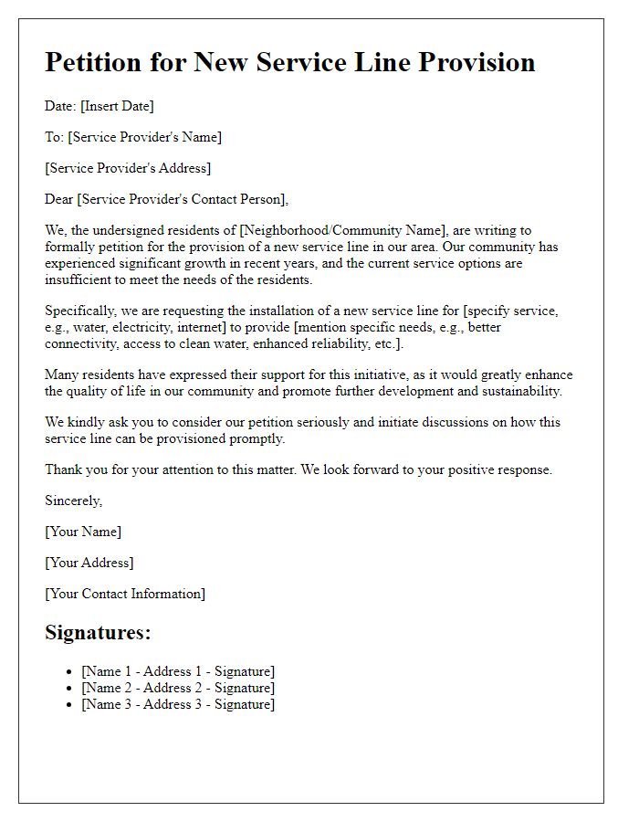 Letter template of petition for new service line provision