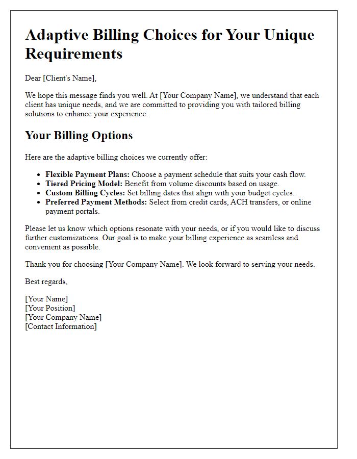 Letter template of adaptive billing choices for unique client requirements