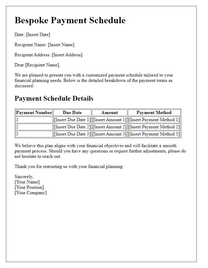 Letter template of bespoke payment schedules for financial planning