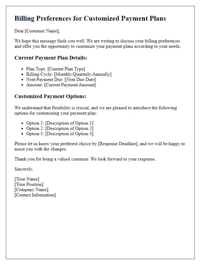 Letter template of billing preferences for customized payment plans