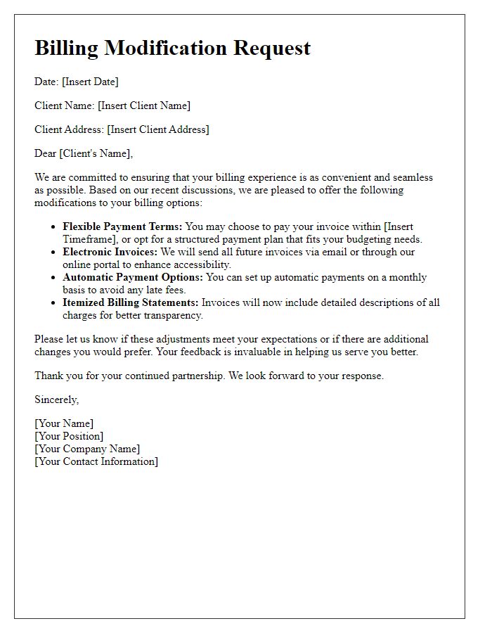 Letter template of client-specific billing modifications for enhanced convenience