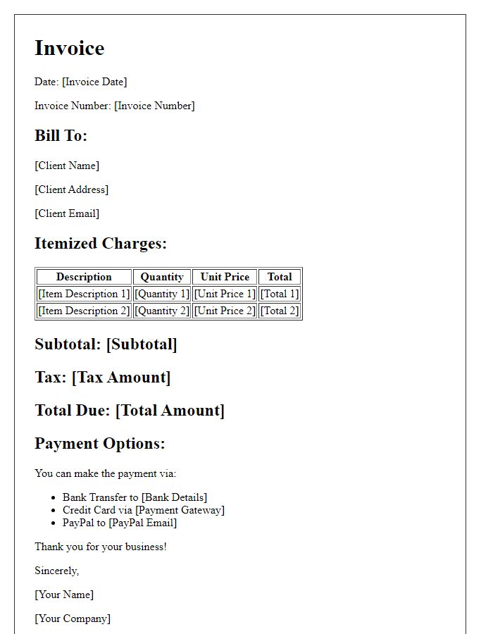 Letter template of customizable invoicing options for diverse financial scenarios