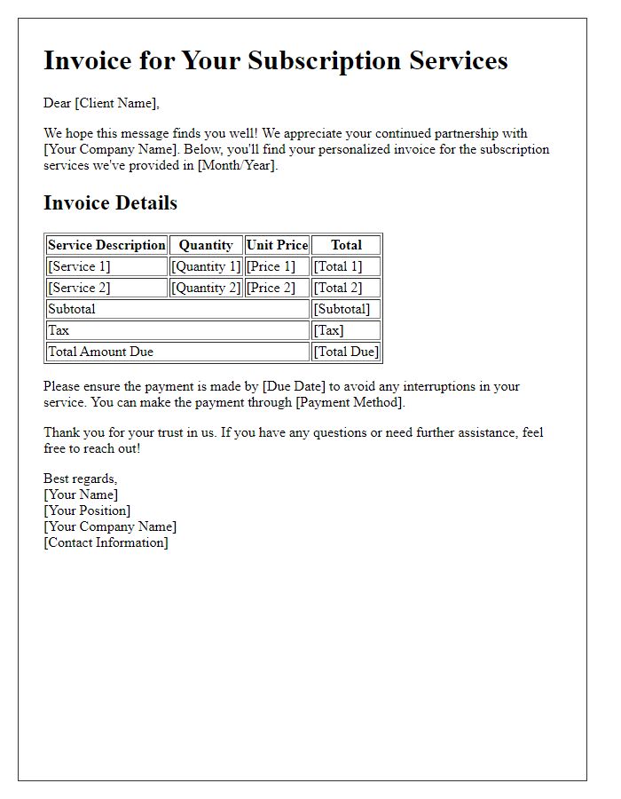 Letter template of personalized invoicing strategies for service subscriptions