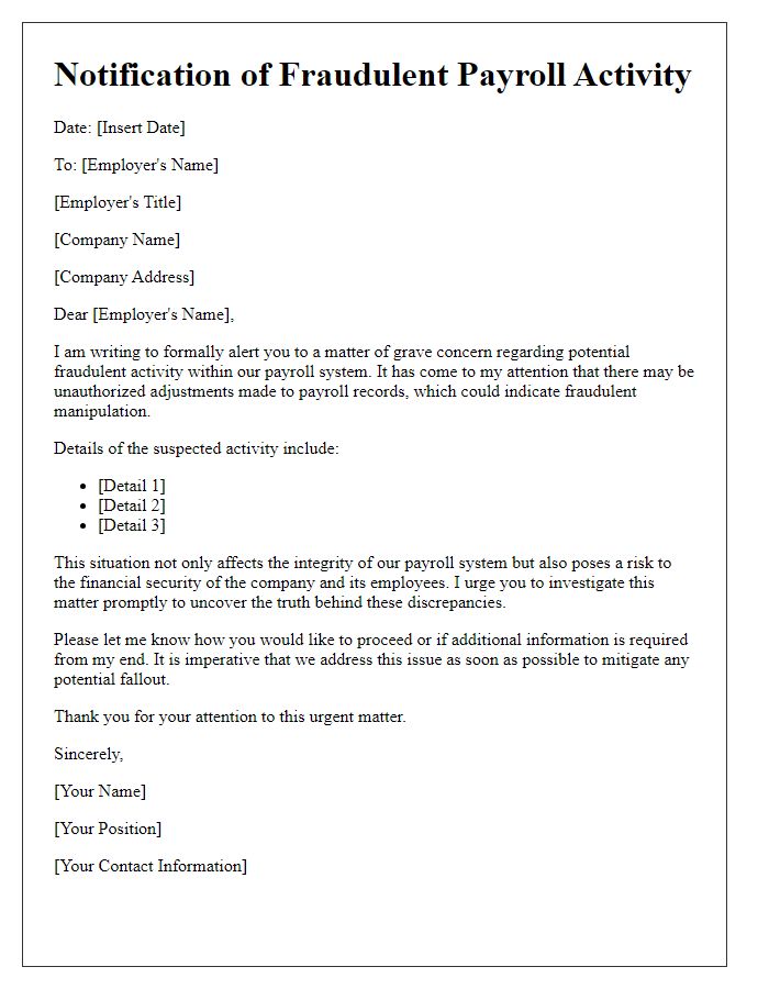 Letter template of alerting employer about fraudulent payroll activity.