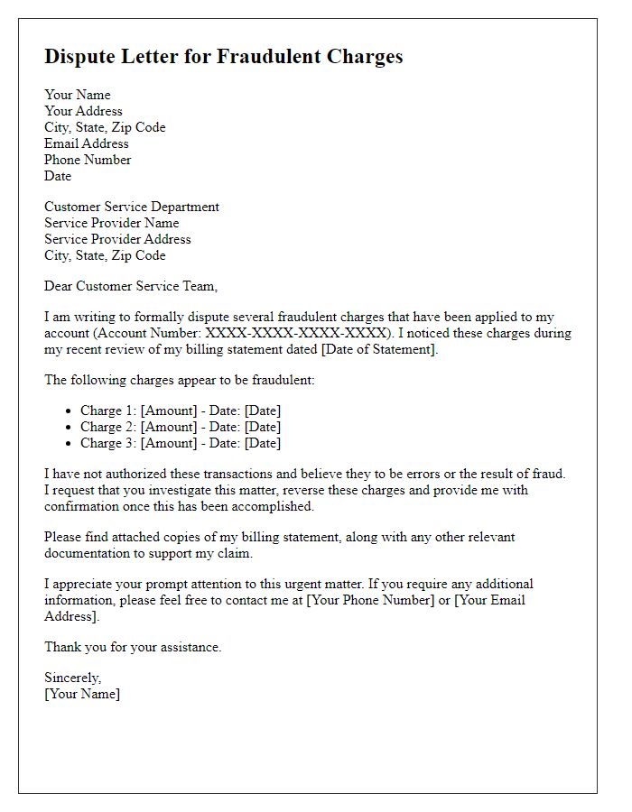 Letter template of disputing fraudulent charges with service provider.