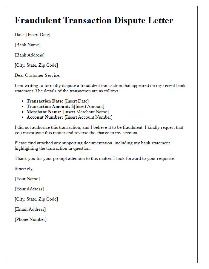 Letter template of fraudulent transaction dispute for bank statement.