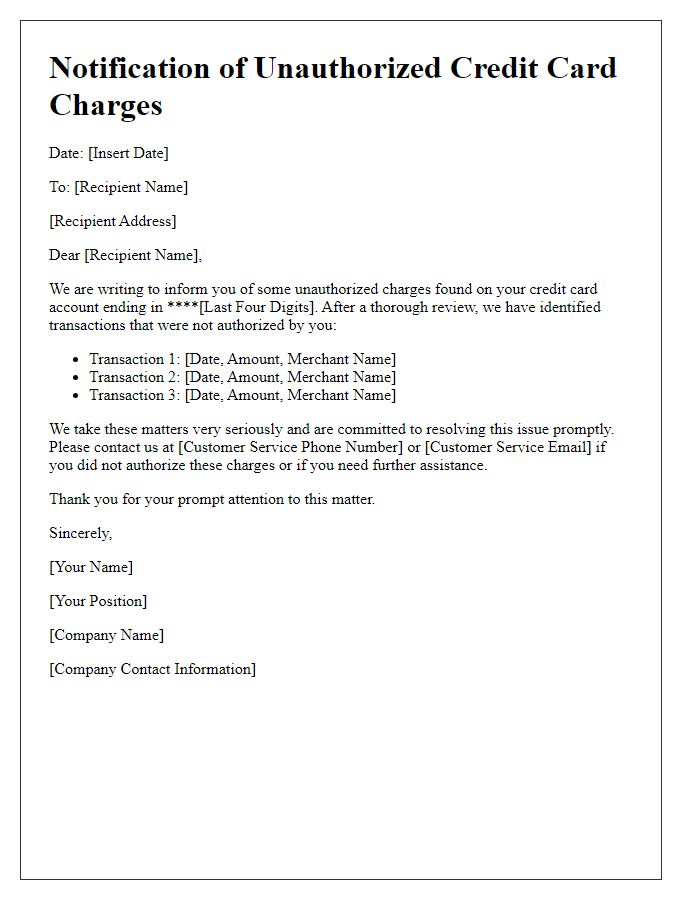 Letter template of notification for unauthorized credit card charges.