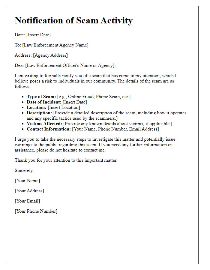 Letter template of notifying law enforcement about scams.