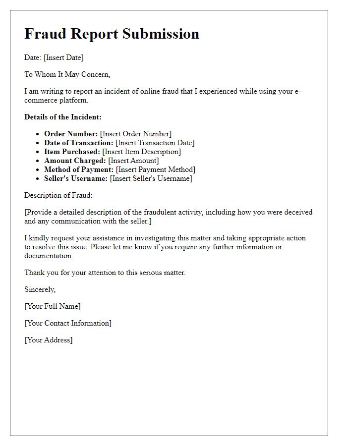 Letter template of reporting online fraud to e-commerce platform.