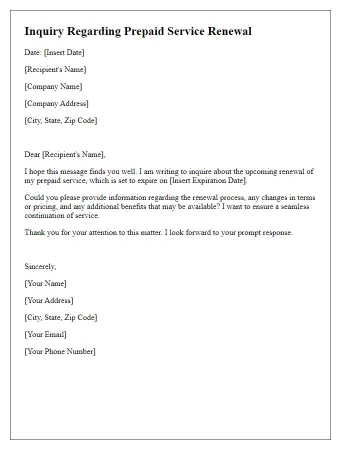 Letter template of inquiry regarding prepaid service renewal