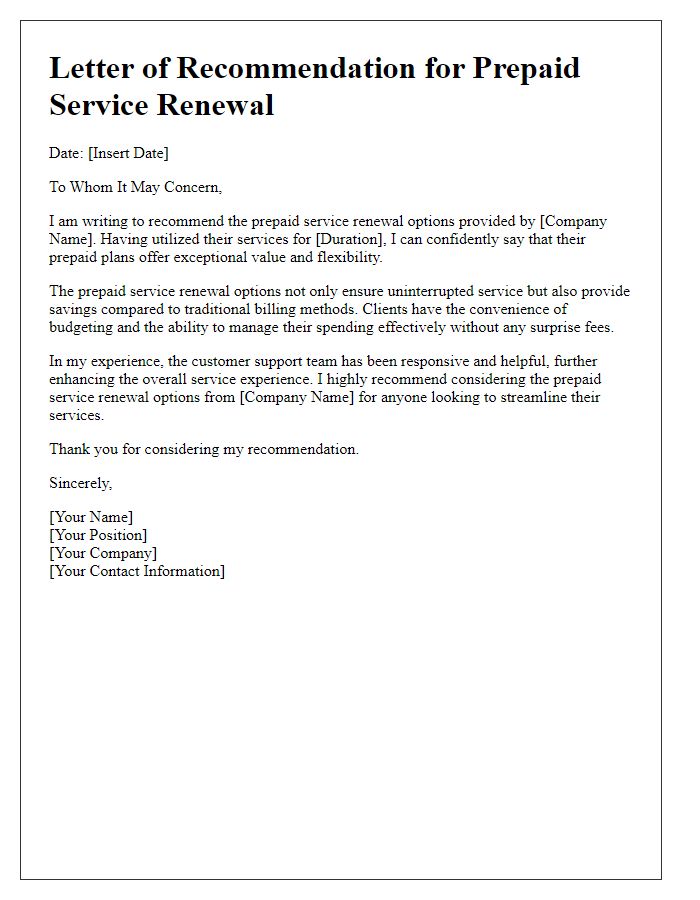 Letter template of recommendation for prepaid service renewal options