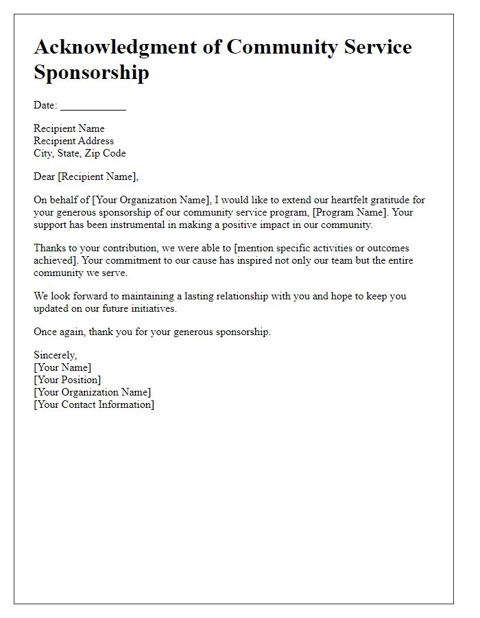 Letter template of acknowledgment for community service sponsorship