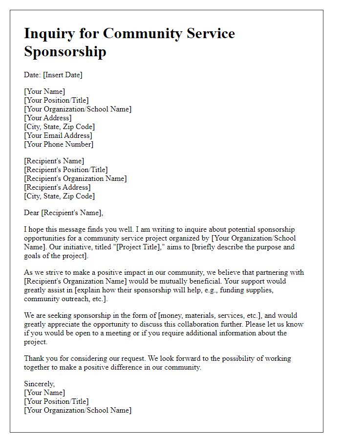 Letter template of inquiry for community service sponsorship