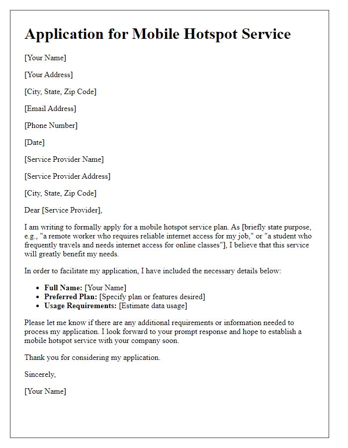 Letter template of application for mobile hotspot service