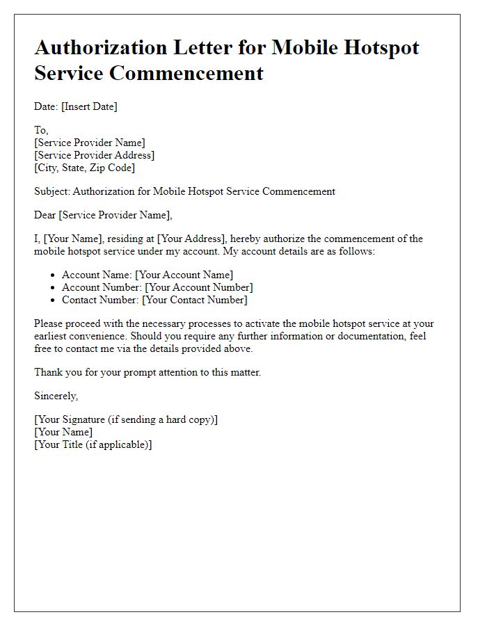 Letter template of authorization for mobile hotspot service commencement