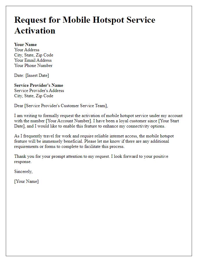 Letter template of request for mobile hotspot service activation