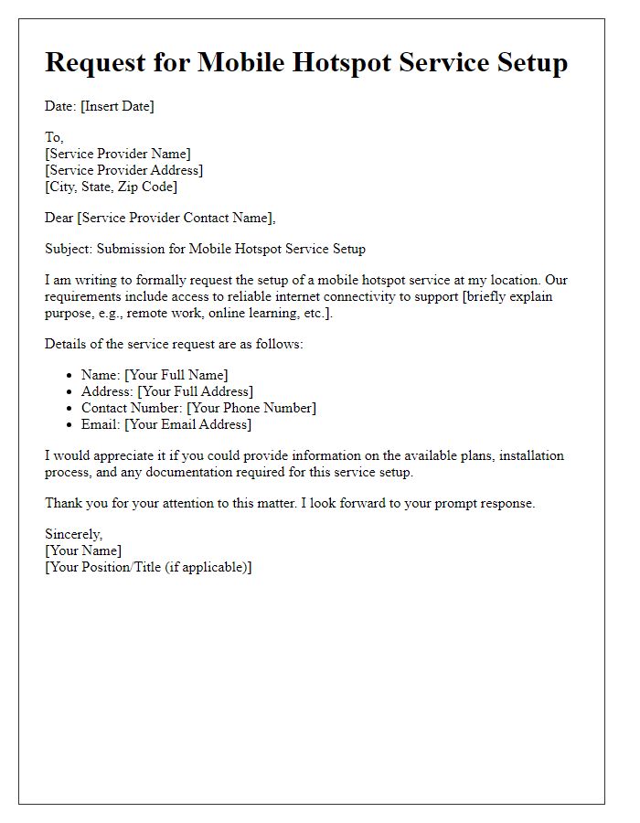 Letter template of submission for mobile hotspot service setup