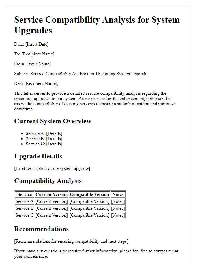 Letter template of service compatibility analysis for system upgrades