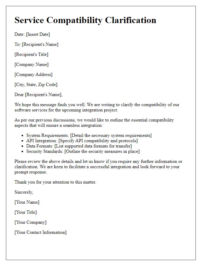 Letter template of service compatibility clarification for software integration