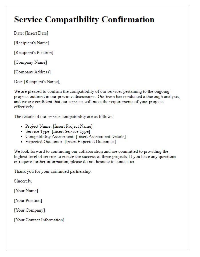 Letter template of service compatibility confirmation for ongoing projects