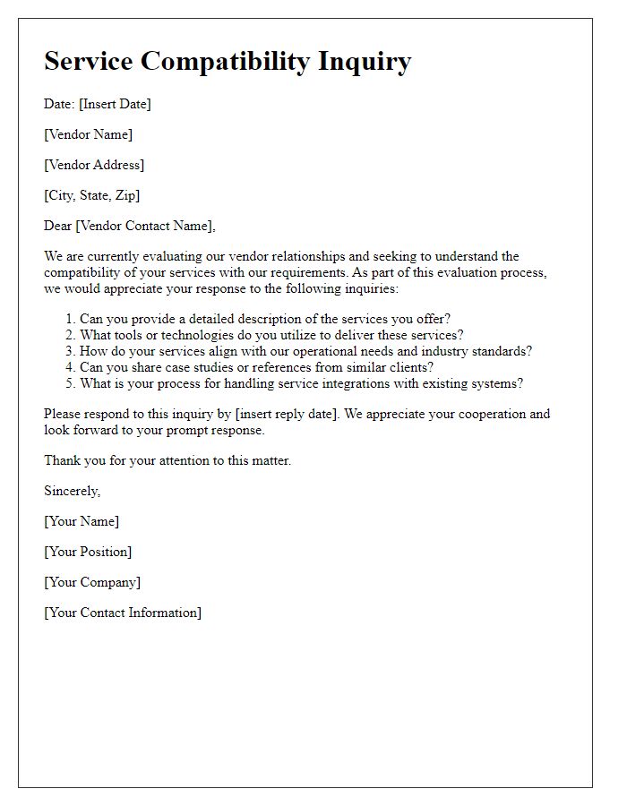 Letter template of service compatibility inquiry for vendor evaluation
