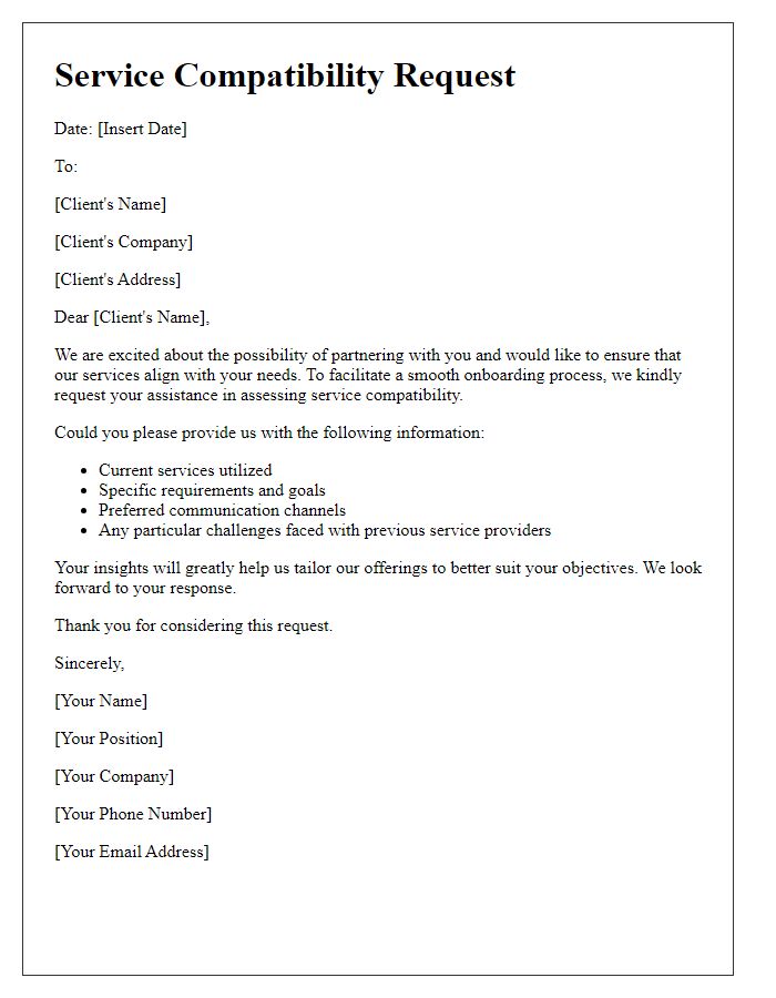 Letter template of service compatibility request for a new client