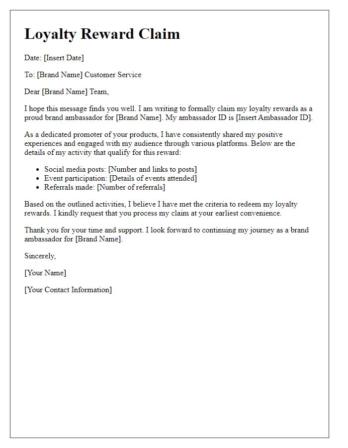 Letter template of loyalty reward claim for brand ambassadors