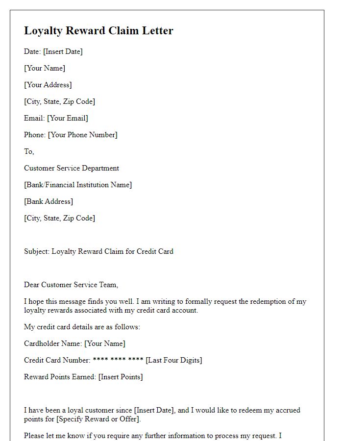 Letter template of loyalty reward claim for credit card users