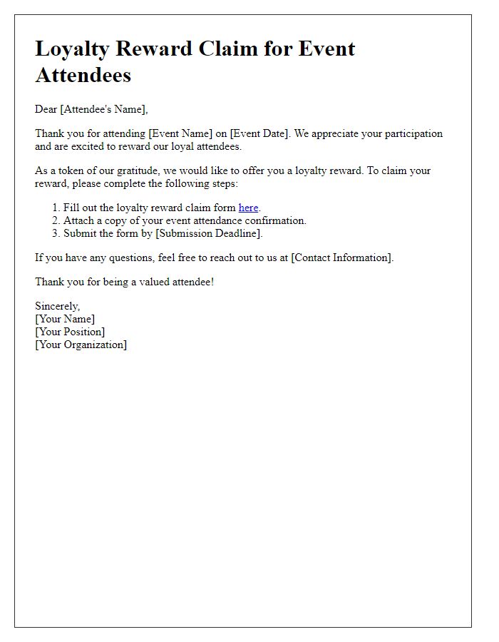 Letter template of loyalty reward claim for event attendees