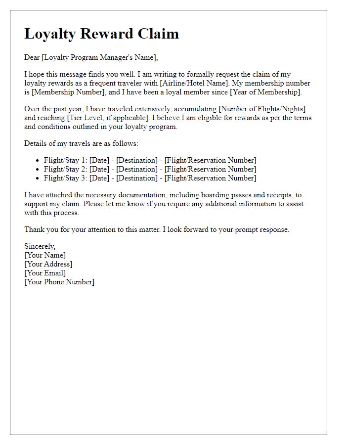 Letter template of loyalty reward claim for frequent travelers