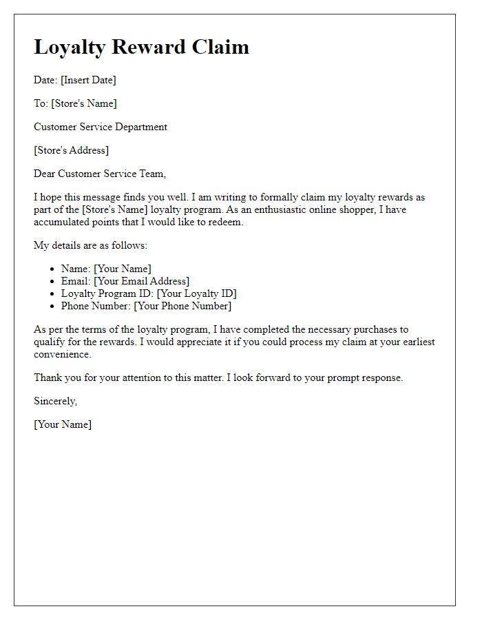 Letter template of loyalty reward claim for online shoppers