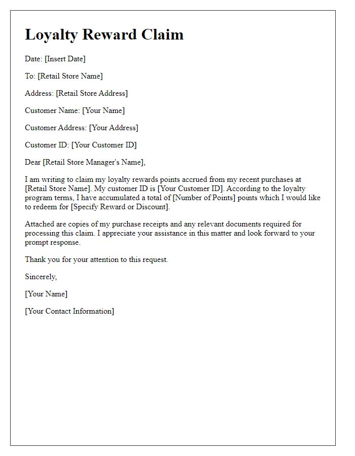 Letter template of loyalty reward claim for retail customers