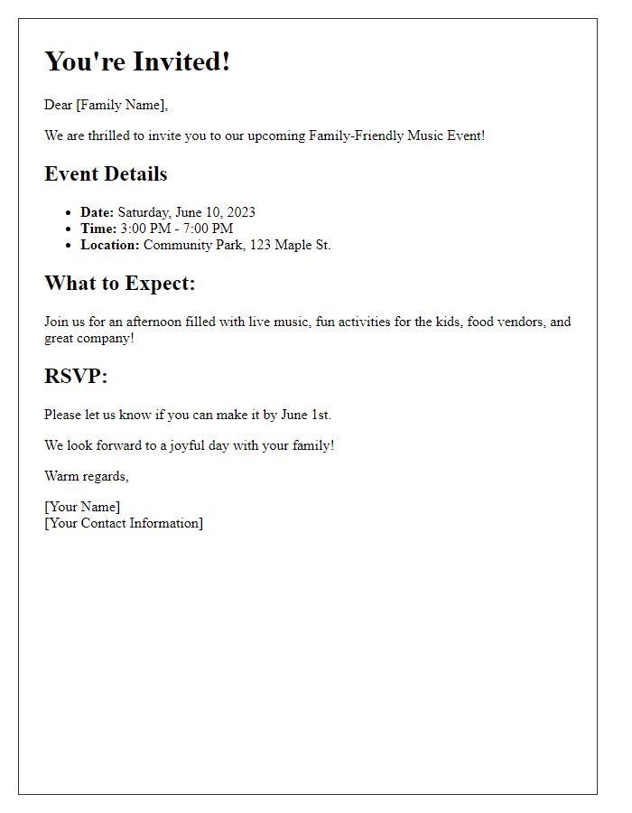 Letter template of family-friendly music event invitation