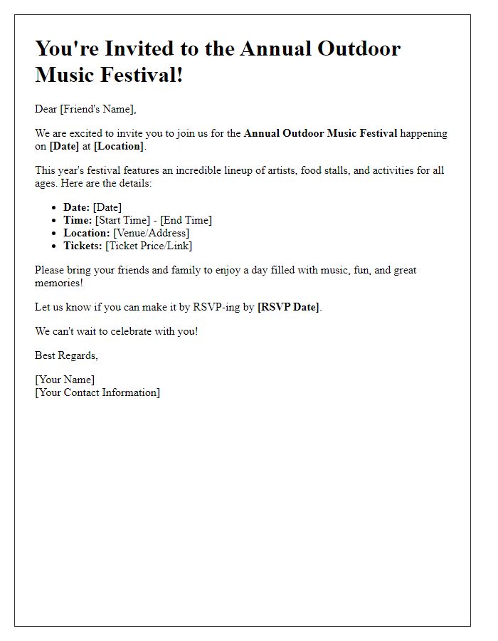 Letter template of outdoor music festival invitation