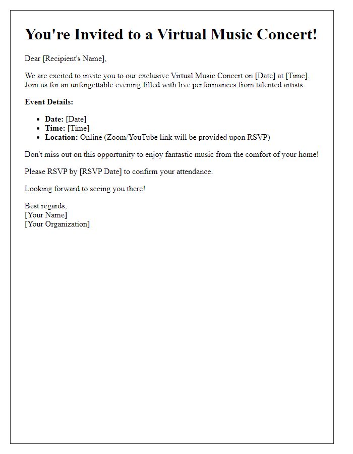 Letter template of virtual music concert invitation