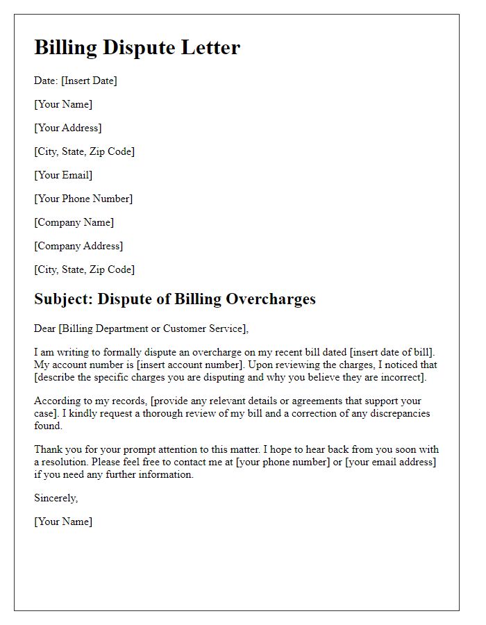 Letter template of billing dispute regarding overcharges