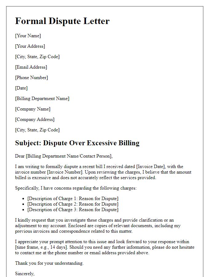 Letter template of formal dispute over excessive billing