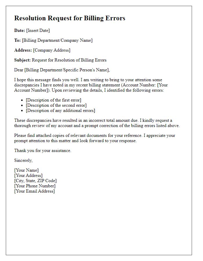 Letter template of resolution request for billing errors