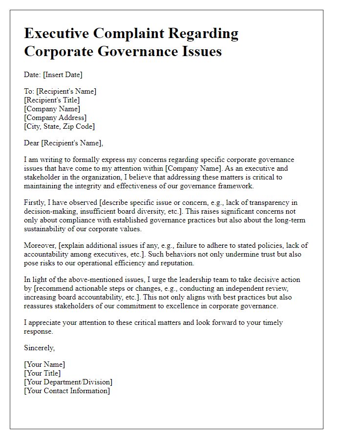 Letter template of executive complaint addressing corporate governance issues