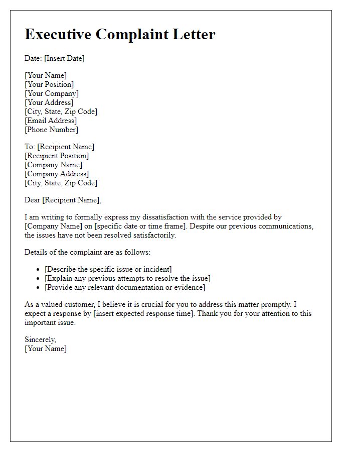 Letter template of executive complaint regarding service dissatisfaction