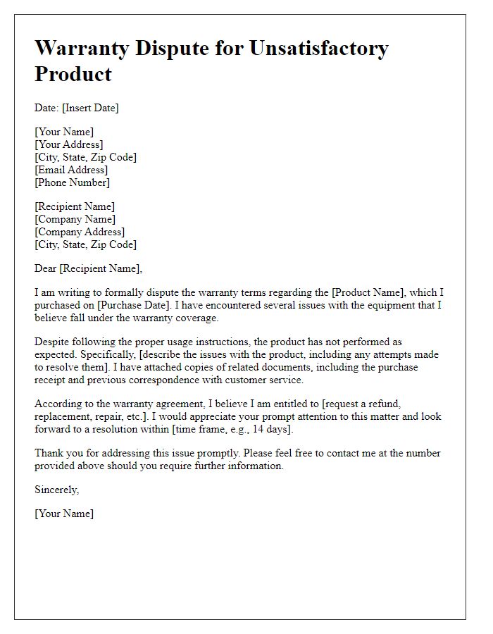 Letter template of equipment warranty dispute for unsatisfactory product.