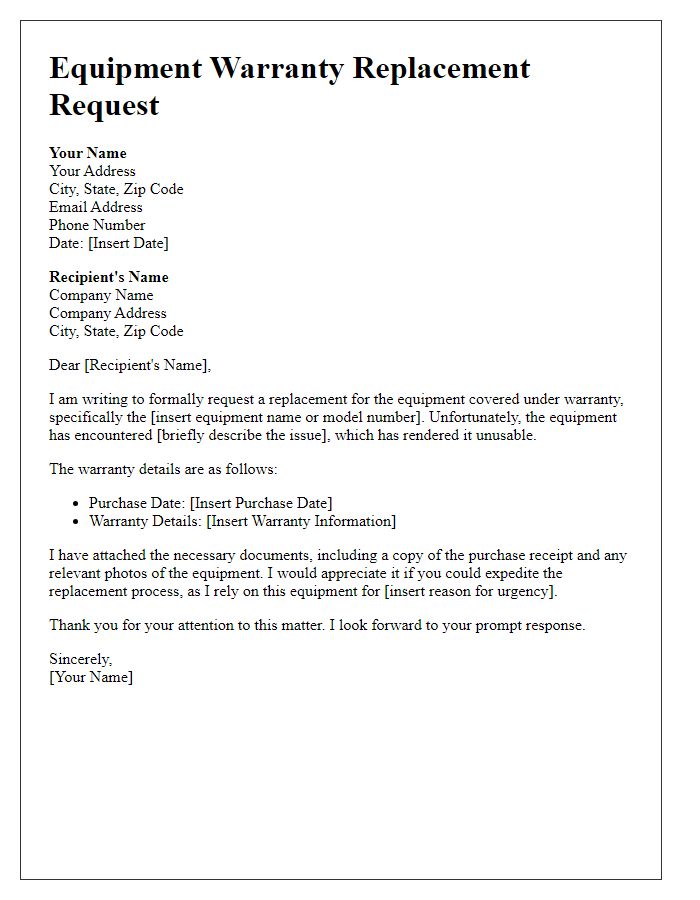 Letter template of equipment warranty request for replacement.