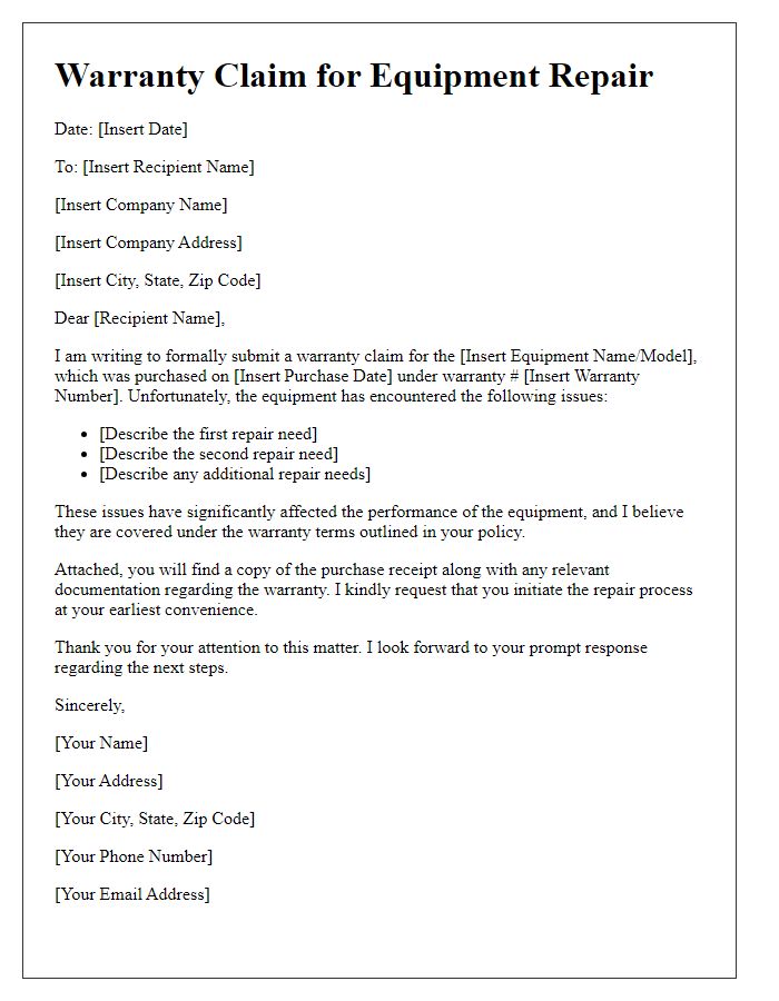 Letter template of warranty claim outlining repair needs for equipment.