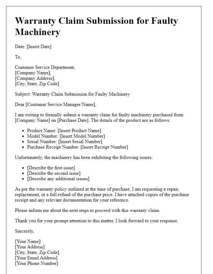 Letter template of warranty claim submission for faulty machinery.