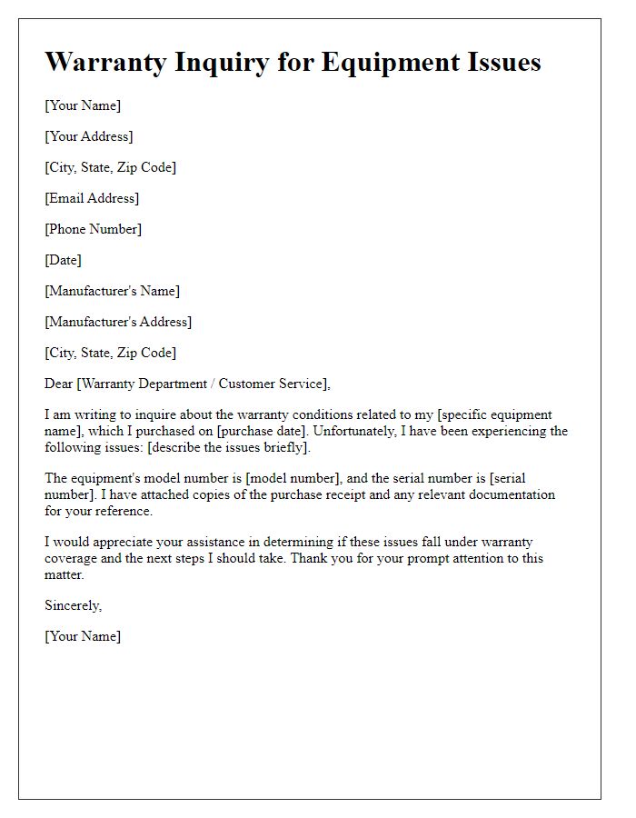 Letter template of warranty inquiry regarding equipment issues.