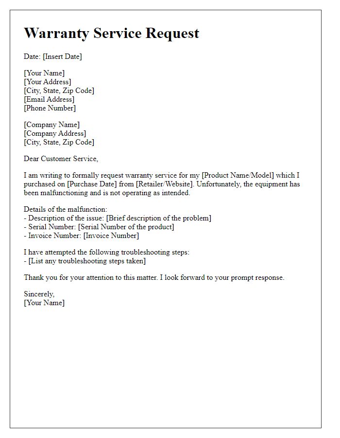 Letter template of warranty service request for malfunctioning equipment.