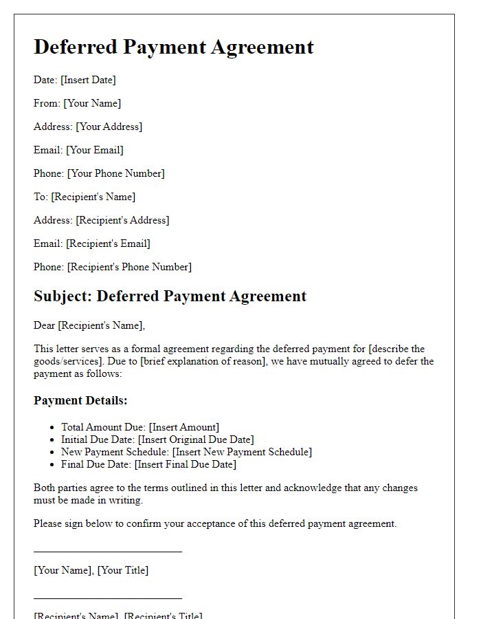 Letter template of Deferred Payment Agreement