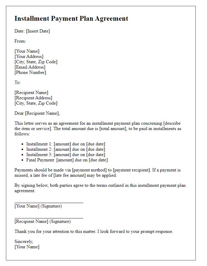 Letter template of Installment Payment Plan Agreement