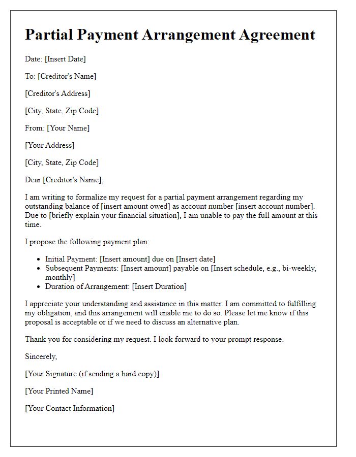 Letter template of Partial Payment Arrangement Agreement